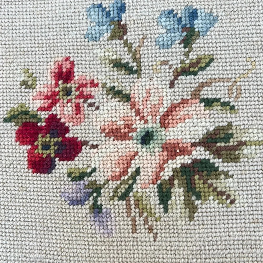 Floral Needlepoint Embroidered Framed Wall Art VTG Cottage Muted Flowers Tan